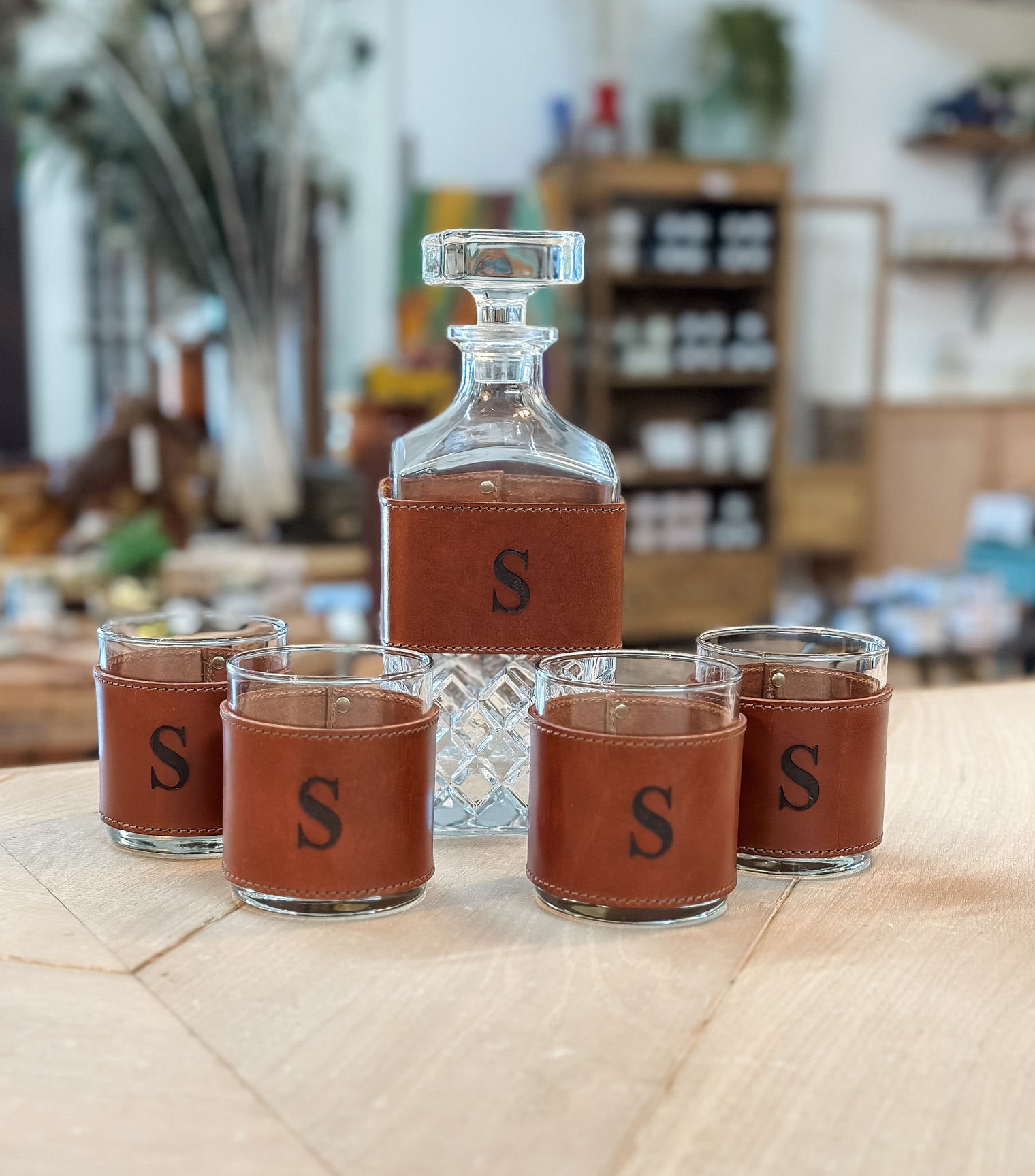 Leather Wrapped Decanter & Whiskey Glass Set - QTan Leather