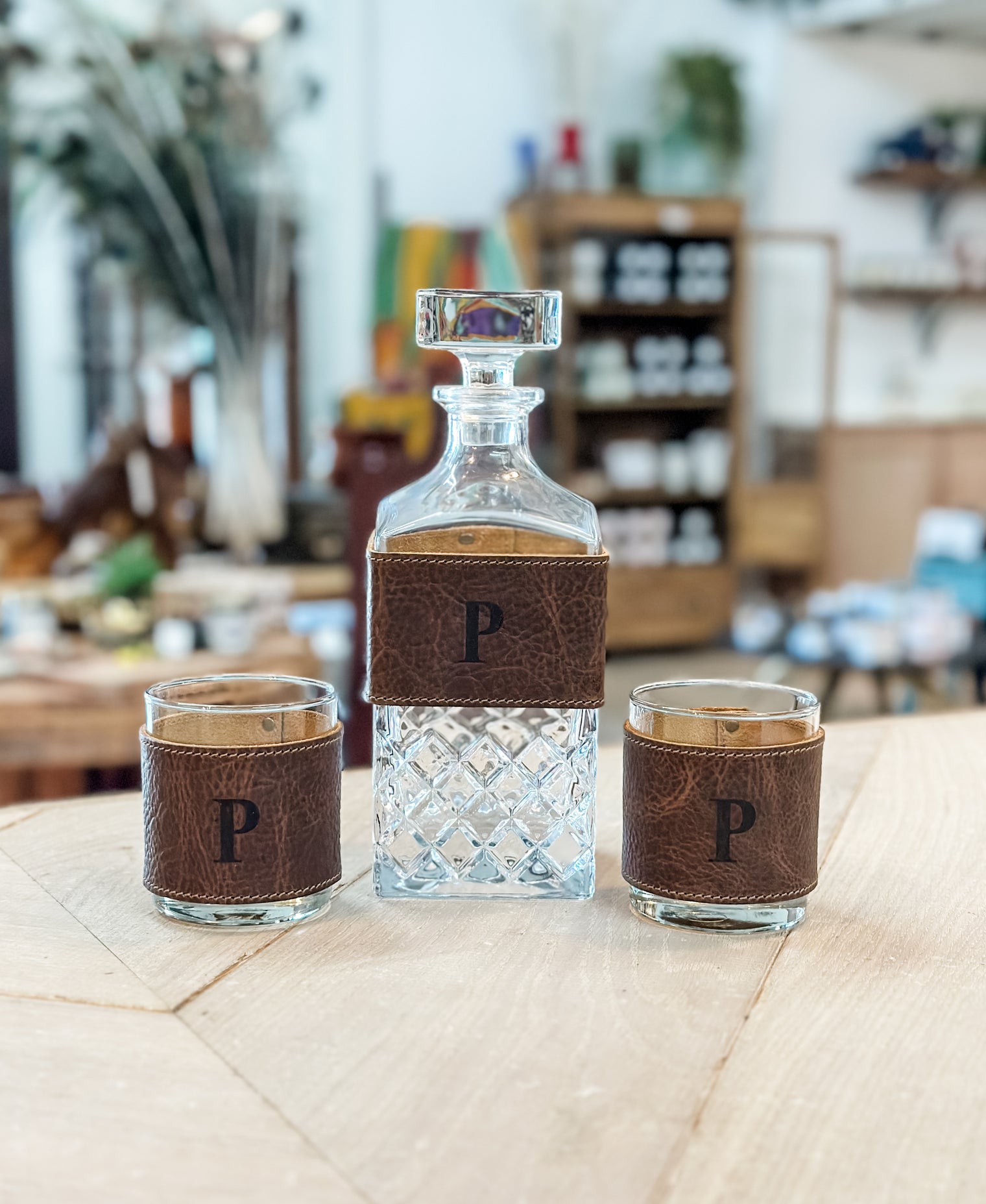 Leather Wrapped Decanter & Whiskey Glass Set - Caramel Leather