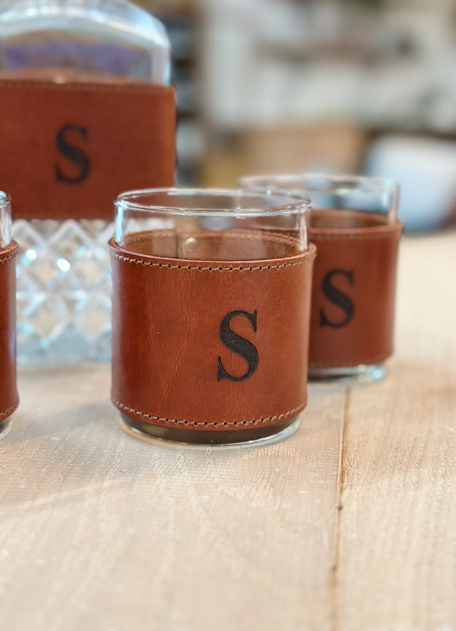 Leather Wrapped Decanter & Whiskey Glass Set - QTan Leather